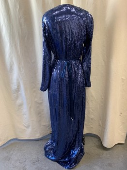 Womens, Evening Gown, DVF, Navy Blue, Silk, Polyester, W 28, 6 B 34, H36, Wrap Around Dress, V-neck, All Over Sequins, Long Sleeves, Tie Back, Floor Length