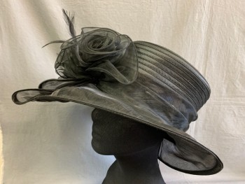 Womens, Hat , AUGUST, Black, Synthetic, 7 1/4, Sheer Brim, Flowers/Bow/Feathers