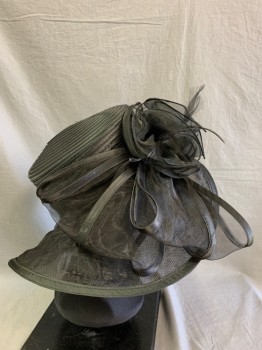 Womens, Hat , AUGUST, Black, Synthetic, 7 1/4, Sheer Brim, Flowers/Bow/Feathers