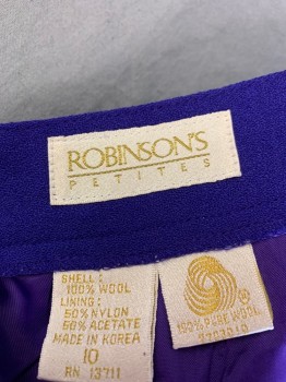 ROBINSON'S PETITES, Violet Purple, Wool, Solid, Pencil Skirt, Knee Length, Double Pleated at Front Waist