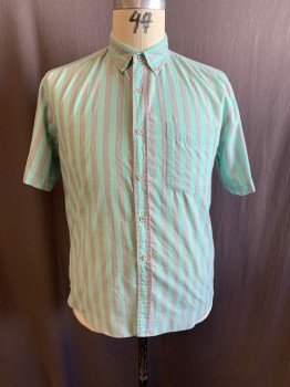 Mens, Shirt, BRITANIA, Mint Green, Gray, Poly/Cotton, Stripes - Vertical , L, C.A., Button Down Collar, Button Front, S/S