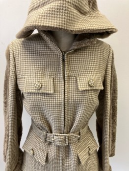 Womens, 1930s Vintage, Piece 1, N/L, Cream, Lt Brown, Wool, Faux Fur, Houndstooth, W27, B34, Zip Front , 4pkts With Flaps, Belt, Cuffs, And Collar/Hood. Faux Fur Detail On Sleeves