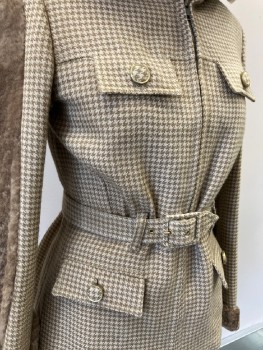 Womens, 1930s Vintage, Piece 1, N/L, Cream, Lt Brown, Wool, Faux Fur, Houndstooth, W27, B34, Zip Front , 4pkts With Flaps, Belt, Cuffs, And Collar/Hood. Faux Fur Detail On Sleeves