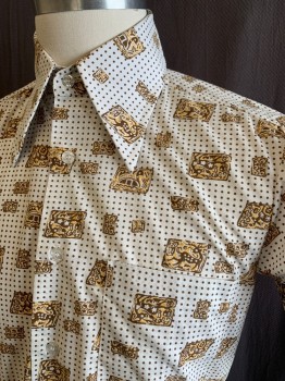 TIEN TAN, White, Brown, Goldenrod Yellow, Poly/Cotton, Dots, Novelty Pattern, Button Front, Chest Pocket, Square Abstract Duck And Deer