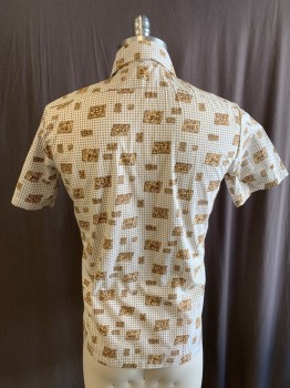Mens, Casual Shirt, TIEN TAN, White, Brown, Goldenrod Yellow, Poly/Cotton, Dots, Novelty Pattern, N 14.5, S, C 38, Button Front, Chest Pocket, Square Abstract Duck And Deer