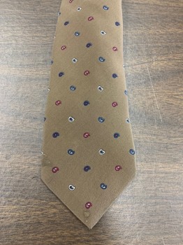 Mens, Tie, NL, Taupe, Navy Blue, White, Navy Blue, Silk, Paisley/Swirls, Stained