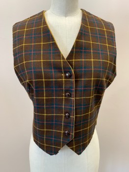 Womens, Vest, N/L, Lt Brown, Dk Brown, Red, Dk Green, Gold, Cotton, Wool, Solid, Plaid, S, B 34, Reversable, Lt Brown Solid Corduroy, Plaid Wool, 4 Button Front,