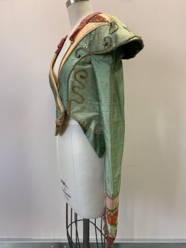 Womens, Historical Fiction Jacket, NO LABEL, Lt Green, Beige, Rose Pink, Gold, Red, Polyester, Cotton, Patchwork, C34, Long Sleeves With Ruffled Trim, Sleeve Caps, Collar Attached, Gold Piping and Beads, Boning, Made To Order,