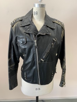 Mens, Leather Jacket, TREVOR, Black, Leather, Solid, 38, Motorcycle, Aged, Silver Studs
