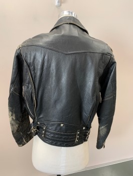 Mens, Leather Jacket, TREVOR, Black, Leather, Solid, 38, Motorcycle, Aged, Silver Studs