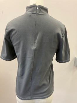 TOP SHOP , Gray, Cotton, Solid, Mock Neck, With White Stitching, S/S, White Zippier On The Back