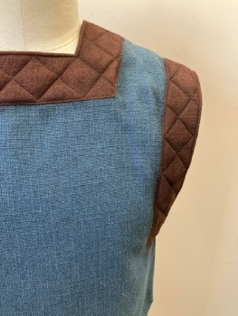 Mens, Vest, NO LABEL, Teal Blue, Brown, Cotton, Color Blocking, C: 36, Monks Cloth, Squared Neck, Hook Closure On Right Shoulder, Open Right Side, Quilted Brown Trim, Made To Order