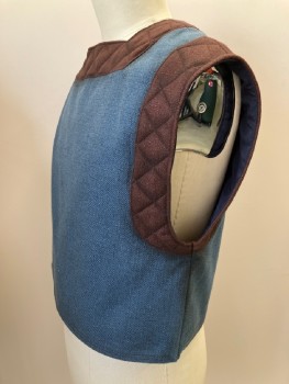 Mens, Vest, NO LABEL, Teal Blue, Brown, Cotton, Color Blocking, C: 36, Monks Cloth, Squared Neck, Hook Closure On Right Shoulder, Open Right Side, Quilted Brown Trim, Made To Order