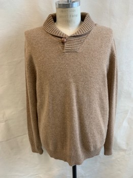 Mens, Pullover Sweater, BROOKS BROTHERS, Tan Brown, Wool, Heathered, Solid, L, Shawl Collar, V-neck, 1 Leather Button