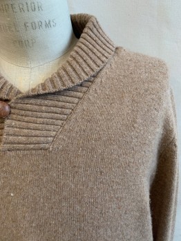 Mens, Pullover Sweater, BROOKS BROTHERS, Tan Brown, Wool, Heathered, Solid, L, Shawl Collar, V-neck, 1 Leather Button