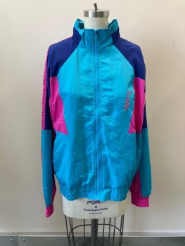 AGORA, Turquoise Blue, Pink, Purple, Polyester, Solid, Color Block, Stand Collar, Zip Front, L/S, Elastic Waist Band & Cuffs, 2 Front Pockets