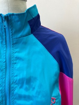 Womens, Jacket, AGORA, Turquoise Blue, Pink, Purple, Polyester, Solid, S, Color Block, Stand Collar, Zip Front, L/S, Elastic Waist Band & Cuffs, 2 Front Pockets