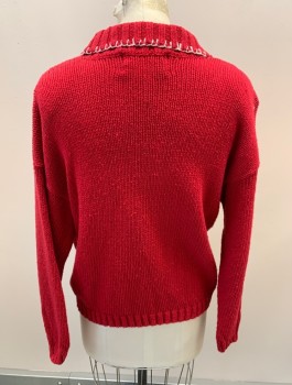 Womens, Sweater, TIARA, Ruby Red, Multi-color, Ramie, Cotton, Holiday, S, L/S, Zip Front With Pom Pom Pull, Rib Knit Bodice, Large Rib Knit Collar, White Top Stitch On Collar, Skiing Snowman And Snowflake Embroidery