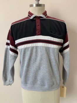 Mens, Sweater, STATIC, Heather Gray, White, Black, Red Burgundy, Cotton, Polyester, Color Blocking, C42, L, L/S, Collar Attached, 3 Buttons, Chest Pocket