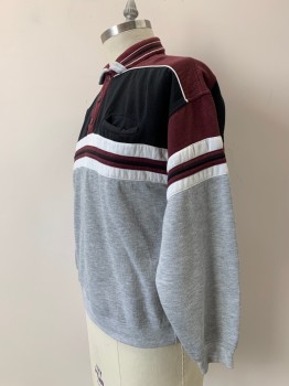 STATIC, Heather Gray, White, Black, Red Burgundy, Cotton, Polyester, Color Blocking, L/S, Collar Attached, 3 Buttons, Chest Pocket