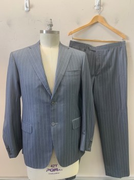 Mens, Suit, Jacket, Canali, Gray, White, Wool, Stripes - Pin, 42 L, Notched Lapel, 2 Buttons,  3 Pockets,