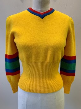 N/L, Mustard Yellow, Acrylic, L/S, V Neck, Red/Blue/Green Accents At Mid Sleeves And Neck, Fitted Waist Band