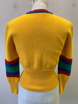 Womens, Sweater, N/L, Mustard Yellow, Acrylic, B:32, L/S, V Neck, Red/Blue/Green Accents At Mid Sleeves And Neck, Fitted Waist Band
