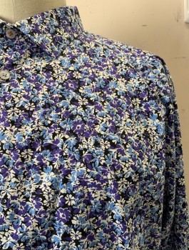 Mens, Casual Shirt, TALLIA, Blue, Multi-color, Cotton, Floral, 2XL, C.A., Button Front, L/S, Black BG with Violet Blue, Light Blue, and White Floral Print