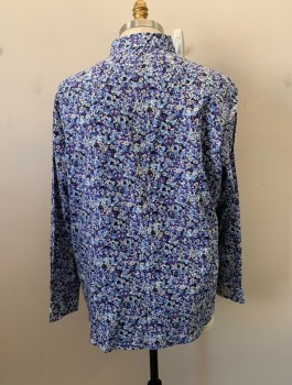 Mens, Casual Shirt, TALLIA, Blue, Multi-color, Cotton, Floral, 2XL, C.A., Button Front, L/S, Black BG with Violet Blue, Light Blue, and White Floral Print