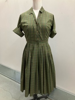 WESTBURY FASHIONS, Olive/maroon/moss Plaid Cotton, Fitted B.F. C.A. Bodice, Cuffed S/S, Full Pleated Skirt, Belt Loops, Darts At Back Shoulders