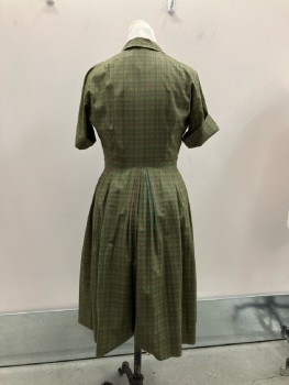 WESTBURY FASHIONS, Olive/maroon/moss Plaid Cotton, Fitted B.F. C.A. Bodice, Cuffed S/S, Full Pleated Skirt, Belt Loops, Darts At Back Shoulders