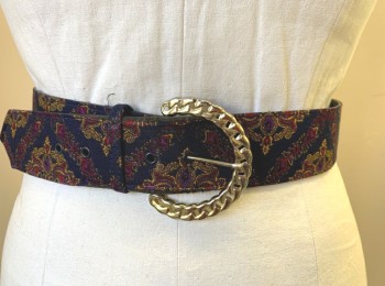 Womens, Belt, N/L, Midnight Blue, Goldenrod Yellow, Purple, Red, Rayon, Faux Leather, Abstract , Ornate Pattern, Fabric Covered Belt, Gold Metal Buckle, 2" Wide,