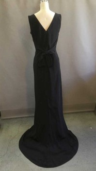 Womens, 1930s Vintage, Piece 1, M.T.O., Black, Silk, Solid, W 25, B 32, Black Silk Slip Dress, V-neck, Gathered At V, Below V Sheer Panel with Circles, Back Zip, Hem To Floor, Self Attached Back Waist Tie, Pleated Shoulders, Train