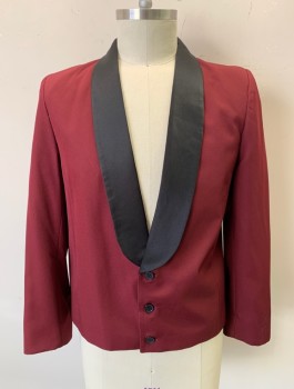 Mens,  Waiter Jacket, HENRY SEGAL, Maroon Red, Black, Polyester, Solid, 44, Single Breasted, Black Satin Shawl Lapel, 3 Black Buttons, Multiples