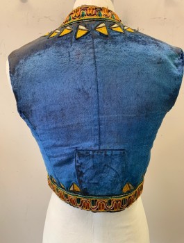 Mens, Historical Fiction Vest, STAGECRAFT STUDIOS, Blue, Goldenrod Yellow, Multi-color, Cotton, Geometric, 36, Velvet with Colorful Trim, Turkish/Ottoman, 3 Corded Buttons at Front, Snake Patches, Yellow Lining, Very Worn Throughout, Made To Order