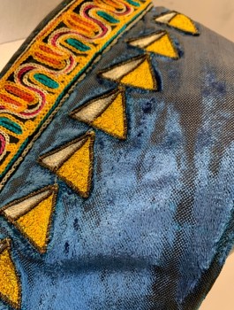 Mens, Historical Fiction Vest, STAGECRAFT STUDIOS, Blue, Goldenrod Yellow, Multi-color, Cotton, Geometric, 36, Velvet with Colorful Trim, Turkish/Ottoman, 3 Corded Buttons at Front, Snake Patches, Yellow Lining, Very Worn Throughout, Made To Order
