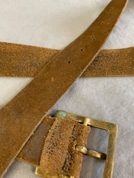 Unisex, Historical Fiction Belt, N/L, Brown, Suede, W;38, Aged, 1.5" Wide, Brass Square Buckle