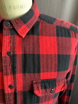STAPLEFORD, Red, Black, Cotton, Check , Buffalo Plaid, Flannel, Button Front, Collar Attached, 2 Flap Pockets, Long Sleeves, Button Cuff, Multiple