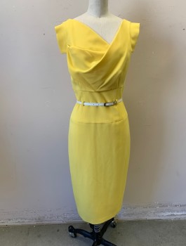 Womens, Dress, Sleeveless, BLACK HALO, Yellow, Polyester, Rayon, Solid, Sz.2, Stretch Twill,  Cowl-Like Asymmetric Neckline, 1" Tabs at Shoulder Straps (A Quasi Cap Sleeve), Wide Waist Yoke, Tiny Belt Loops, Fitted, Knee Length, **With Coordinating White Skinny Belt