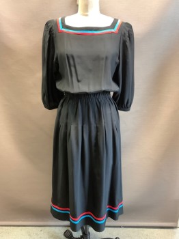 Going Places, Black, Blue, Red, Silk, Solid, L/S, Squared Neck, Elastic Waist Band, Blue & Red Strips on Neck and Bottom, Side Pockets, Back Buttons