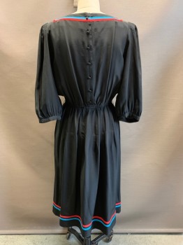 Going Places, Black, Blue, Red, Silk, Solid, L/S, Squared Neck, Elastic Waist Band, Blue & Red Strips on Neck and Bottom, Side Pockets, Back Buttons