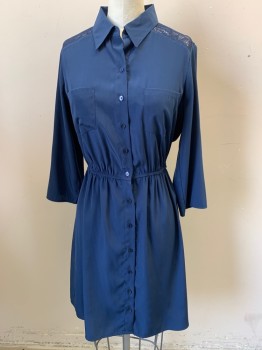 Womens, Dress, Long & 3/4 Sleeve, BCX, Indigo Blue, Polyester, Solid, B34, XS, W25, Button Front, 2 Breast Pockets, Elastic Waist, Back Lace Yoke That Wraps Over the Shoulders, Button on Sleeves to Roll Them Up