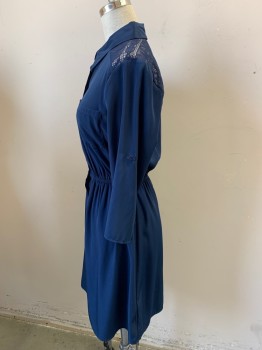 Womens, Dress, Long & 3/4 Sleeve, BCX, Indigo Blue, Polyester, Solid, B34, XS, W25, Button Front, 2 Breast Pockets, Elastic Waist, Back Lace Yoke That Wraps Over the Shoulders, Button on Sleeves to Roll Them Up