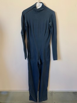 Mens, Jumpsuit, NO LABEL, Dk Blue, Polyester, Spandex, Solid, W30, C38, H38, L/S, High Neck, Side Zipper, Multiple Seams, Beige Stitching, Made To Order,