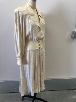 FRANCESCA OF DAMON, Champagne, Silk, Wispy Jacquard Pattern, L/S, B.F. Placket, V-N with An Overlapped Notched Collar, Elastic Waist with 6 Gold Btn. Tab Belt At Back, Below Knee Length, *small Stain On Skirt