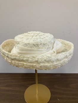 Womens, Hat, EVELYN VARON, Cream, Basket Weave, Band With Bow