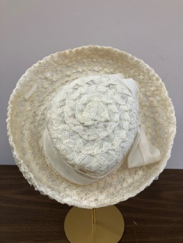 Womens, Hat, EVELYN VARON, Cream, Basket Weave, Band With Bow