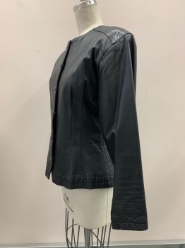 WILSONS LEATHER, Black, Leather, Solid, Leather Jacket, L/S, Crew Neck, Snap Button Front,
