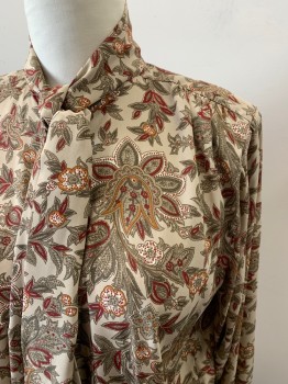 ALFRED DUNNER, Beige, Maroon Red, Orange, Mushroom-Gray, Multi-color, Polyester, Floral, Paisley/Swirls, B.F., L/S, Pussy Bow Tie, Gathered Shoulders And Back Yolk