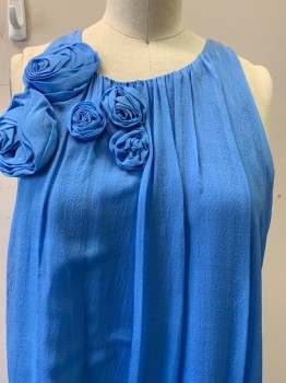 ZARA, Blue, Silk, Solid, Sleeveless, Crew Neck, Ruffled Flowers On Shoulder, 3 Back Buttons